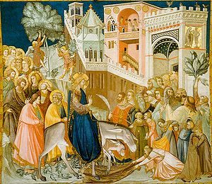 Entry of Christ into Jerusalem (1320) by Pietro Lorenzetti: entering the city on a donkey symbolizes arrival in peace rather than as a war-waging king arriving on a horse